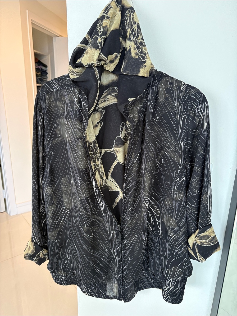 Black, Beige & Gold Hooded Reversible Jacket